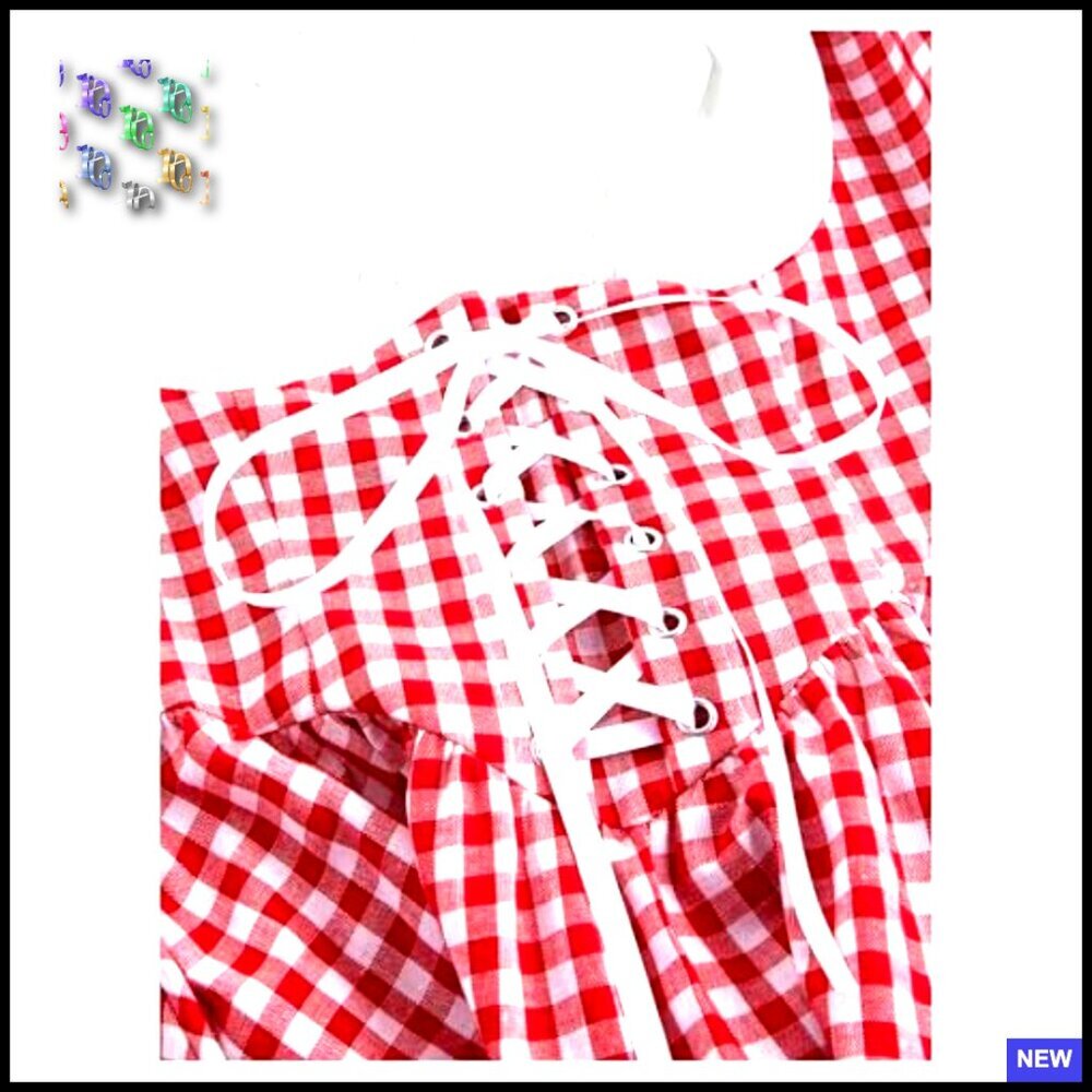 Vintage Cottagecore Gingham Dress Puff Sleeve Lace Up Corset Flared A-Line - Picture 7 of 7